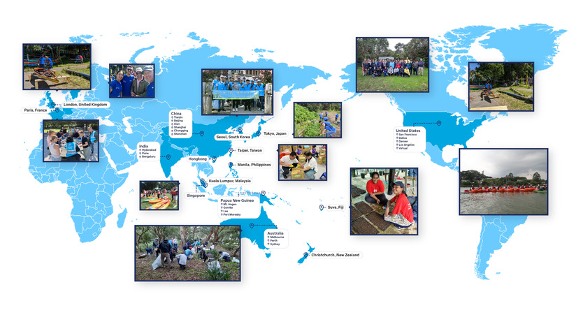 World map overlayed with pictures of volunteers during changemakers events across the globe. We volunteered in countries including: France, United Kingdom, India, China, Hong Kong, South Korea, Japan, Taiwan, Philippines, Malaysia, Singapore, Papua New Guinea, Australia, New Zealand, Fiji and United States.